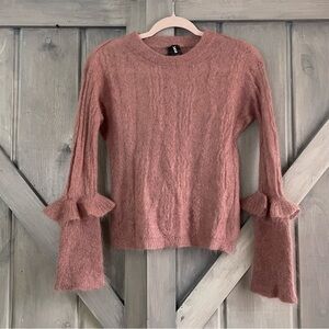Naadam Luxury Wool‎ Mohair Knit Sweater Mauve Pink Ruffled Cable Knit Textures M